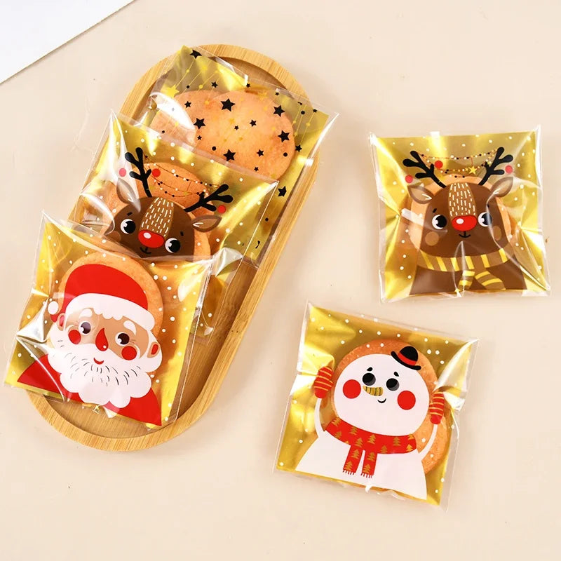 Christmas Candy Bag, Santa Claus/snowman/deer, Plastic Self-adhesive Self Sealing Bag, Suitable for Food Baking Products,100pcs