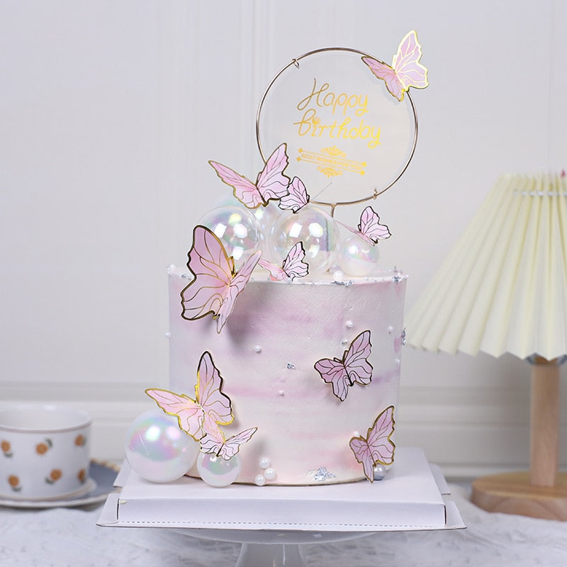 Happy Birthday Butterfly Theme Cake ToppersHandmade Painted Wedding Birthday Party Cake Decoration Party Baking Supplies Gift