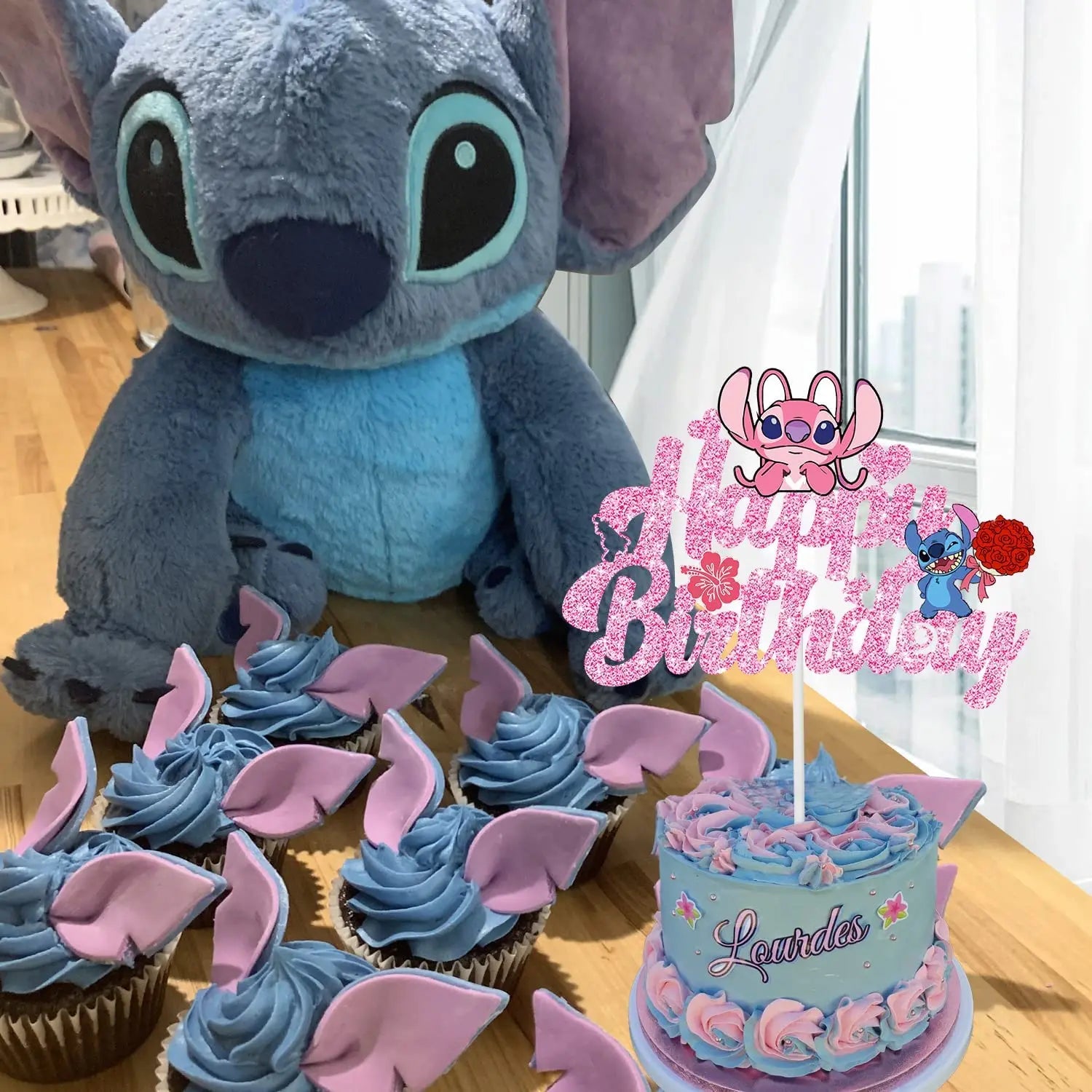 Pink Lilo &amp;Stitch Cake Topper Girls Cartoon Happy Birthday Cake Decor Party Supplies for Kids Birthday Baby Shower Decoration