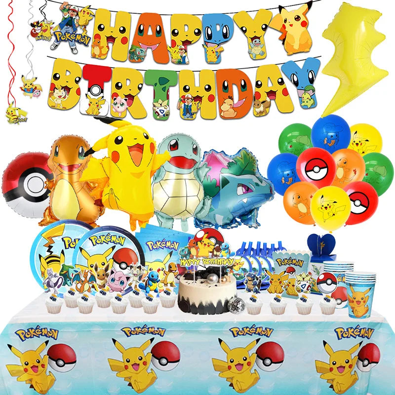 Pokemon Birthday Party Decoration Set – Pikachu Balloon, Banner & Disposable Tableware for Kids