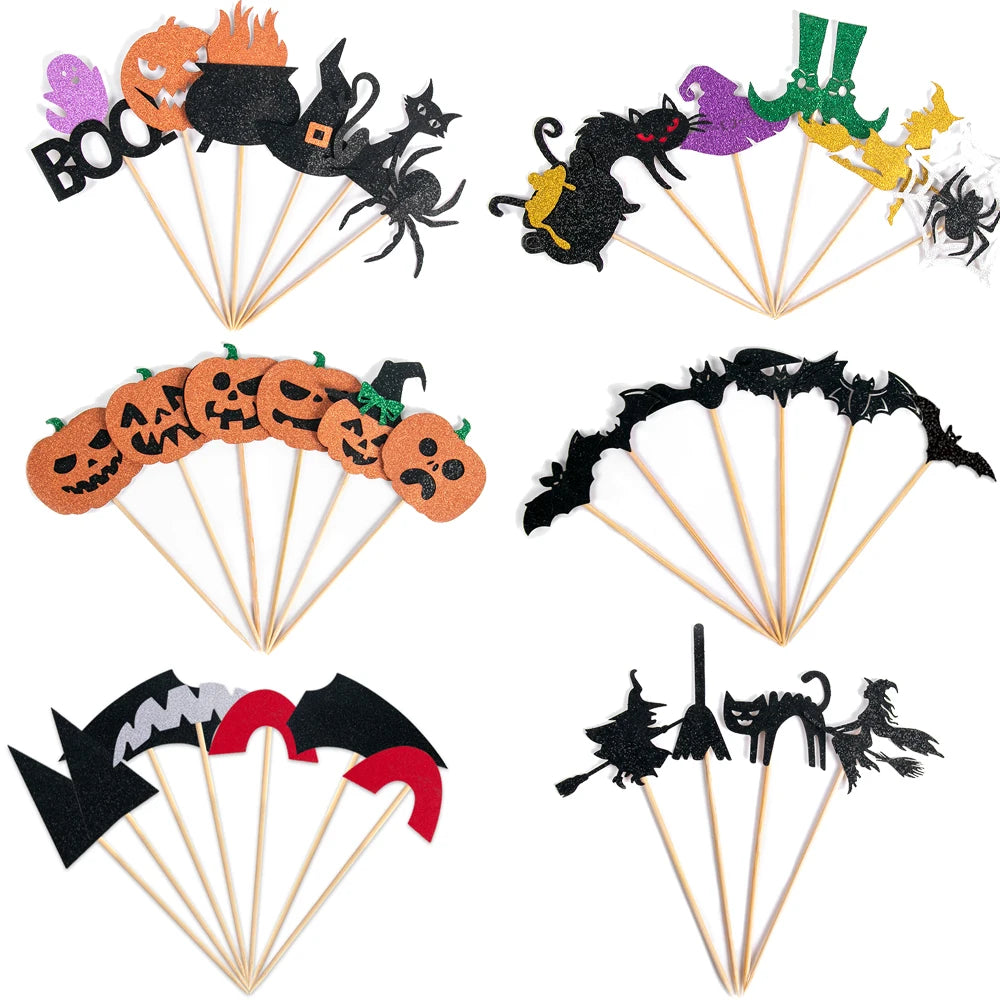Halloween Cupcake Toppers Glitter Ghost Pumpkin Cat Boo Witch cake Picks for Happy Halloween Theme birthday party Baking Decor