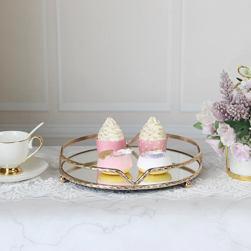 European-style Round Light Luxury Luxury Alloy Fruit Tray Tray Alloy Mirror Storage Tray High-end Cake Tray Household Supplies