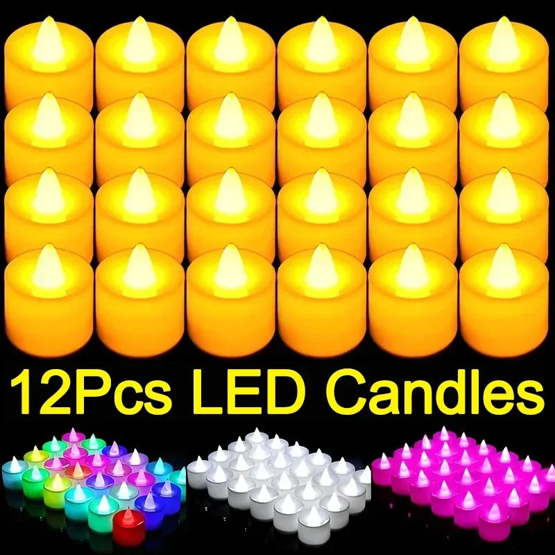 12-1Pcs Colorful LED Candles Battery Operated Flameless Tealight Fake Candles Lamp Wedding Birthday Party Home Decoration Lights