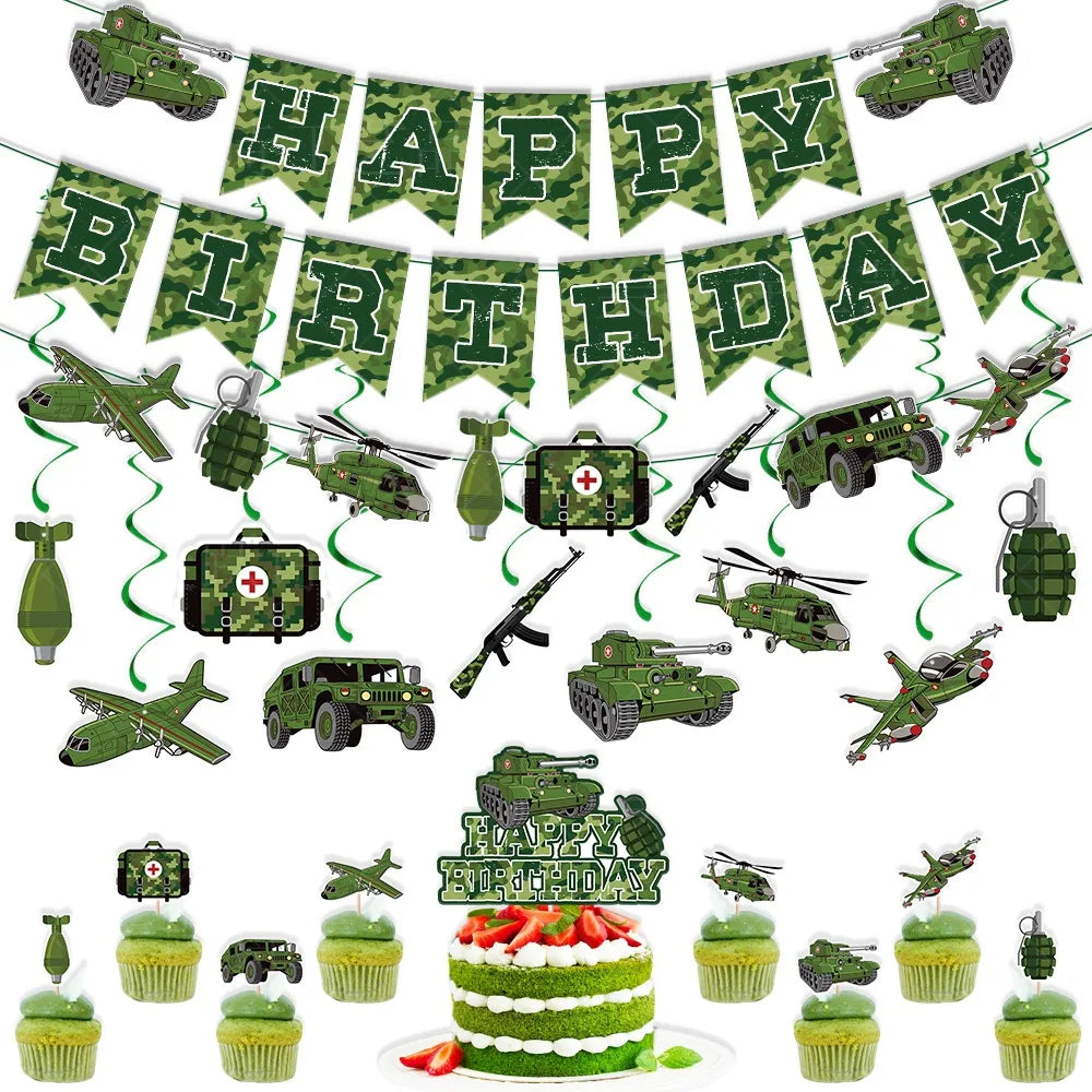 Camouflage Birthday Party Tank Cake Topper Happy Birthday Sign Cake Decor Soldier Camouflage Army Military Birthday Party Decors