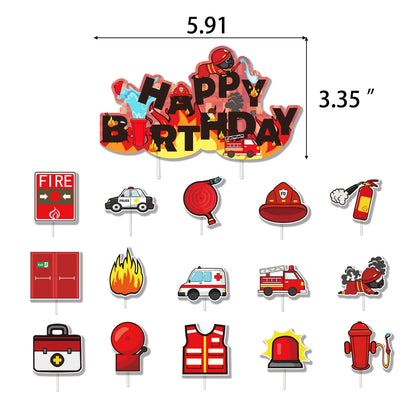Fireman Cake Topper Cupcake Toppers Fire Hydrant Truck Firefighter Helmet Theme for Kids Boy Girl Happy Birthday Cake Decoration