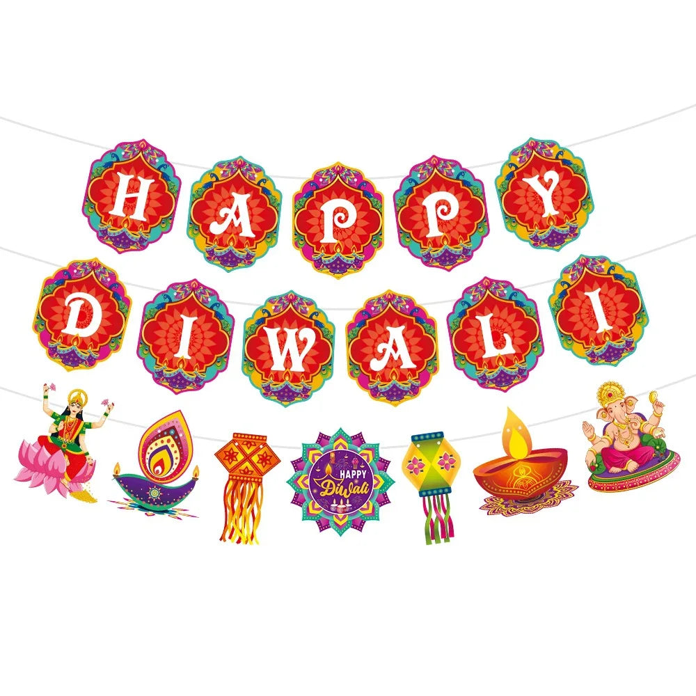 India Diwali Theme Decoration Banner,Wick Candle Pull Flag, Happy Diwali Pull Flag,Happy Diwali Spiral Hangings