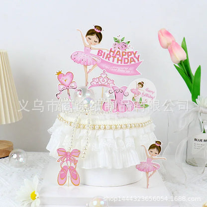 Pink Ballerina Girl Cake Topper Toppers Crown Dress Kids Happy Birthday Wedding Party Baby Shower Baking Cake Dessert DIY Decor