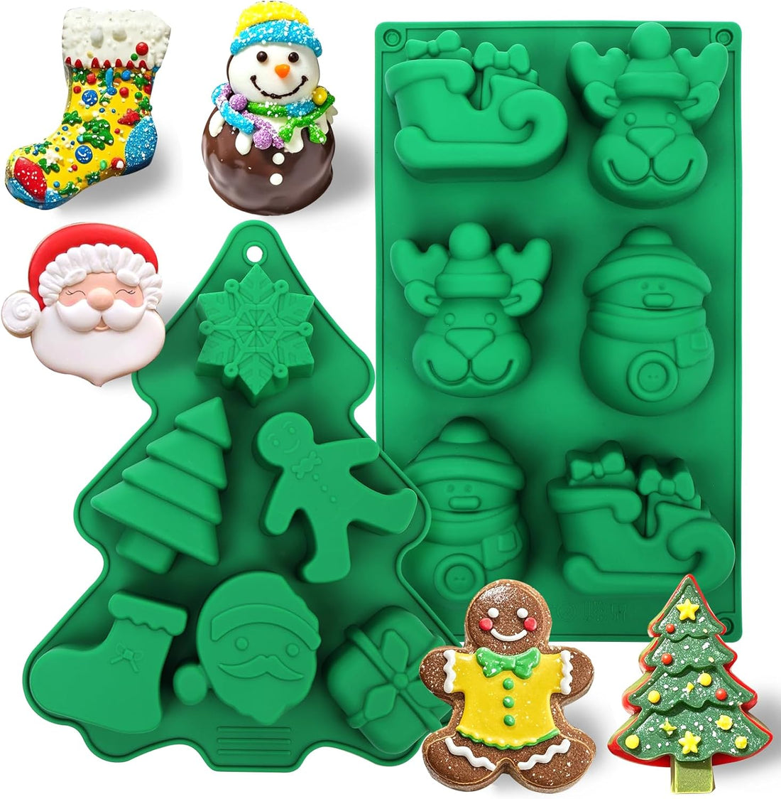 Christmas Silicone Molds, 12 Cavities Christmas Chocolate Mold Deep, 3D Christmas Trees Christmas Stockings Gingerbread Man Silicone Molds for Baking Chocolate Candy Cake Jelly Cookie Green Green