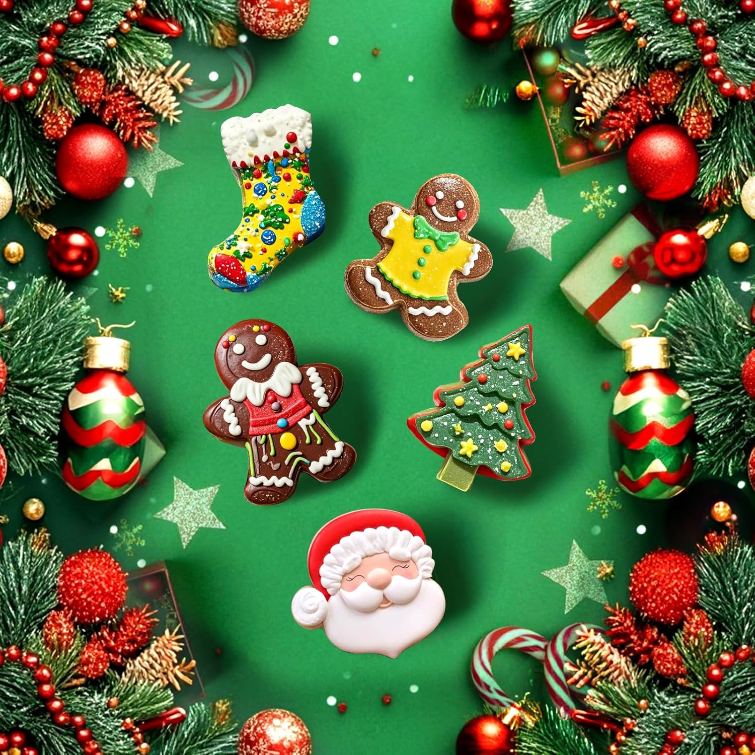 Christmas Silicone Molds, 12 Cavities Christmas Chocolate Mold Deep, 3D Christmas Trees Christmas Stockings Gingerbread Man Silicone Molds for Baking Chocolate Candy Cake Jelly Cookie Green  Green