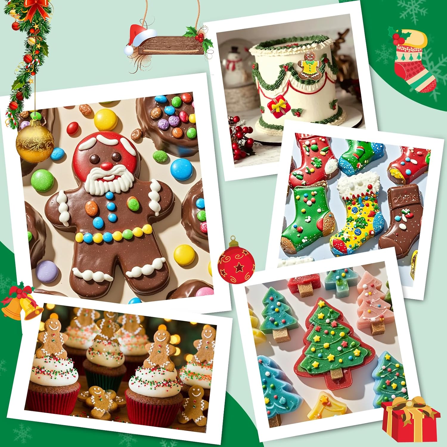 Christmas Silicone Molds, 12 Cavities Christmas Chocolate Mold Deep, 3D Christmas Trees Christmas Stockings Gingerbread Man Silicone Molds for Baking Chocolate Candy Cake Jelly Cookie Green  Green