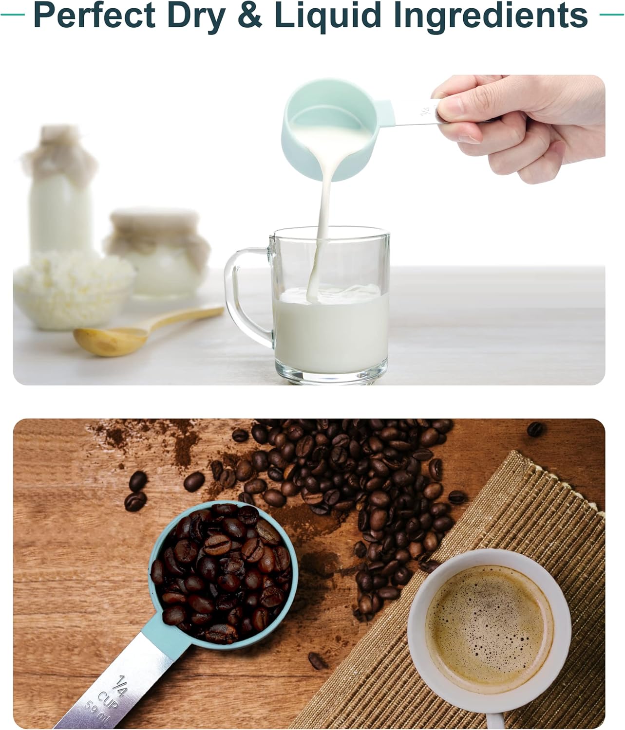 Measuring Cups &amp; Spoons - Interlocking measuring cups for measuring dry or liquid ingredients - Stainless steel handles - Set of 8