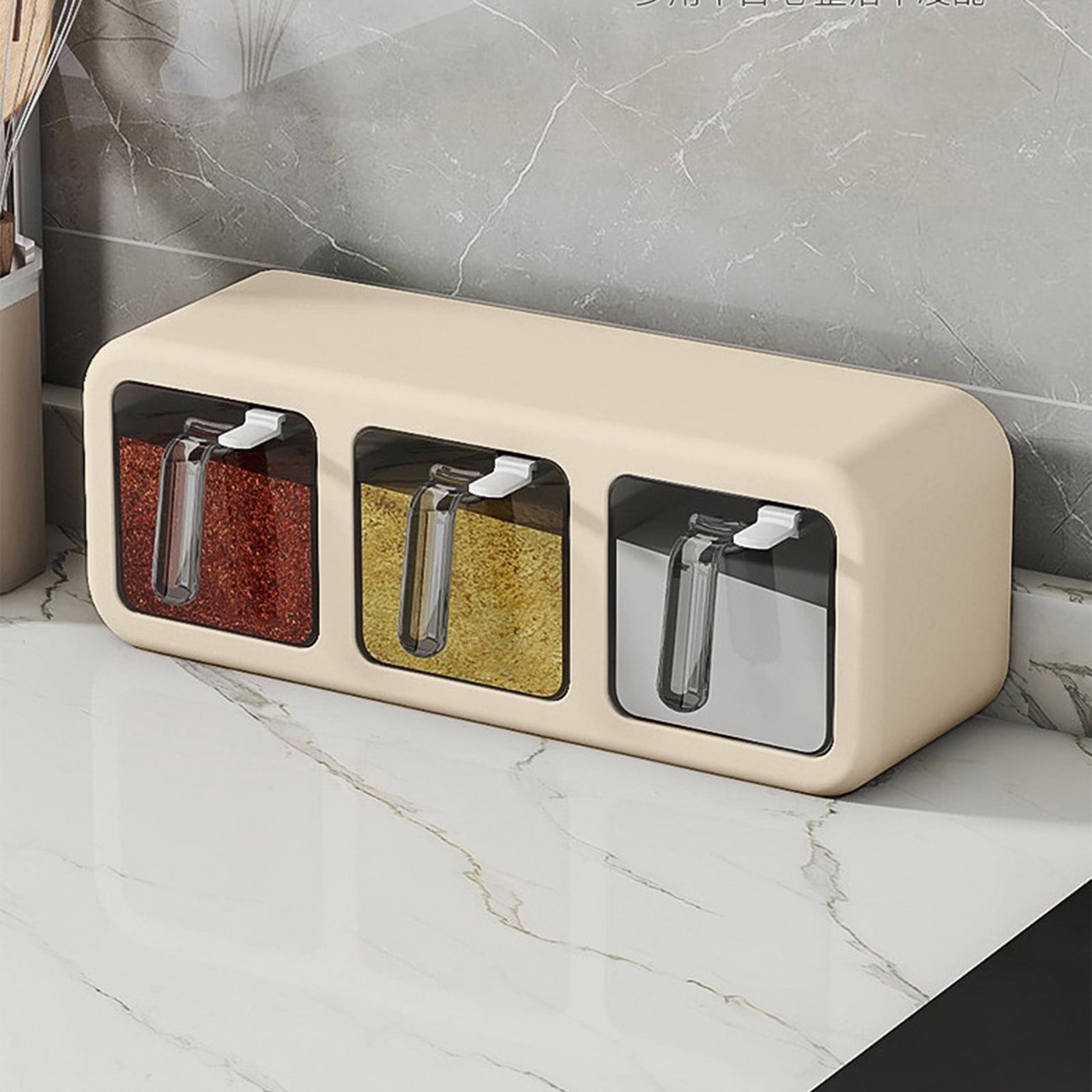 Spice Jars Set, 3 Grids Spice Rack Seasoning Containers Set, Condiment Jars with Spice Drawer Organizer for Kitchen Khaki