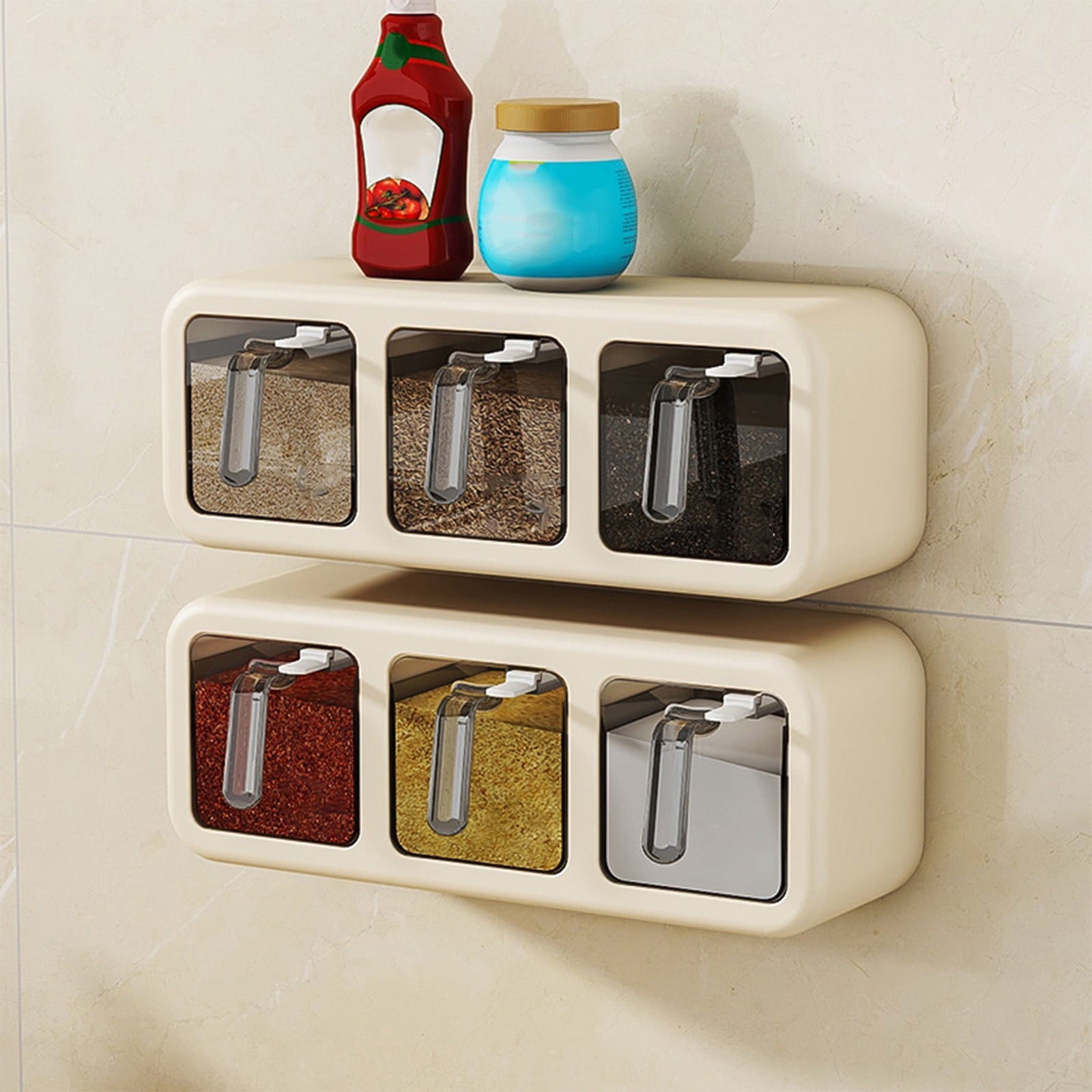 Spice Jars Set, 3 Grids Spice Rack Seasoning Containers Set, Condiment Jars with Spice Drawer Organizer for Kitchen Khaki