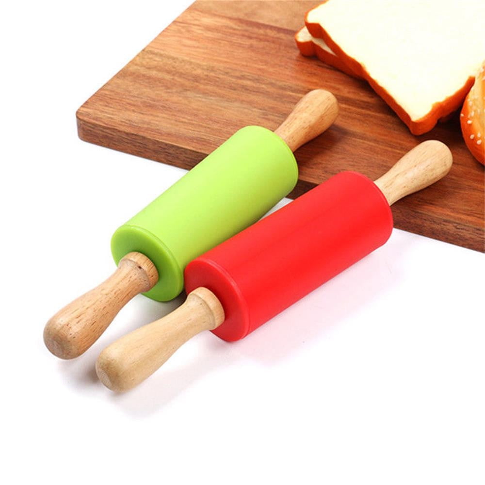 Mini Silicone Rolling Pin, Small Dough Roller with Wood Handle, Non-stick Rolling Pins with Handle, for Craft Kitchen Dough Cookie Pastry Fondant Cake, 1 Pcs, 8.86 Inches 8.86" Green*1