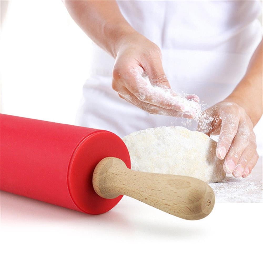 Mini Silicone Rolling Pin, Small Dough Roller with Wood Handle, Non-stick Rolling Pins with Handle, for Craft Kitchen Dough Cookie Pastry Fondant Cake, 1 Pcs, 8.86 Inches 8.86" Red*1