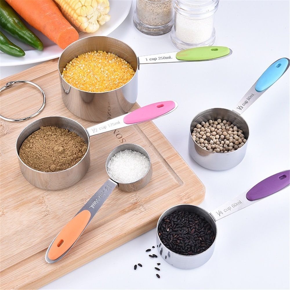 Stainless Steel Measuring Cups Set of 5 – Nesting Measuring Cups for Kitchen – Dry &amp; Liquid Measurements, Dishwasher Safe, Ergonomic Design with Colored Handles