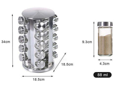 20 Glass Jars with Labels, Transparent, Rotating Spice Tower