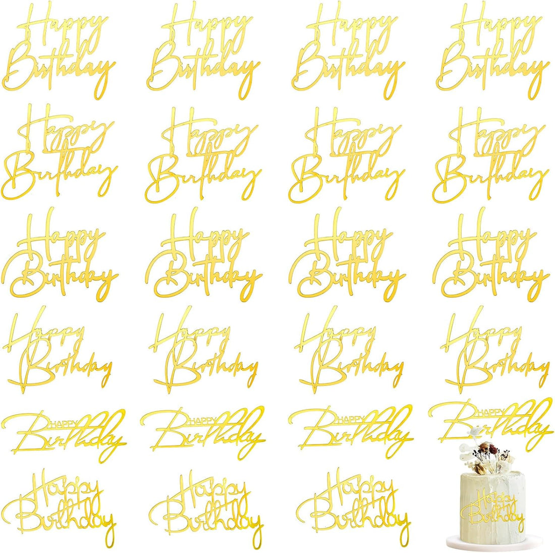 24 Pieces Gold Happy Birthday Cake Toppers Mirror Acrylic Cupcake Topper Happy Birthday Sign for Cake Side Cupcake Decorations, 6 Styles