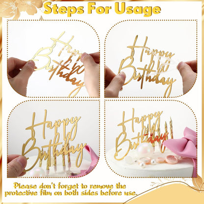 24 Pieces Gold Happy Birthday Cake Toppers Mirror Acrylic Cupcake Topper Happy Birthday Sign for Cake Side Cupcake Decorations, 6 Styles