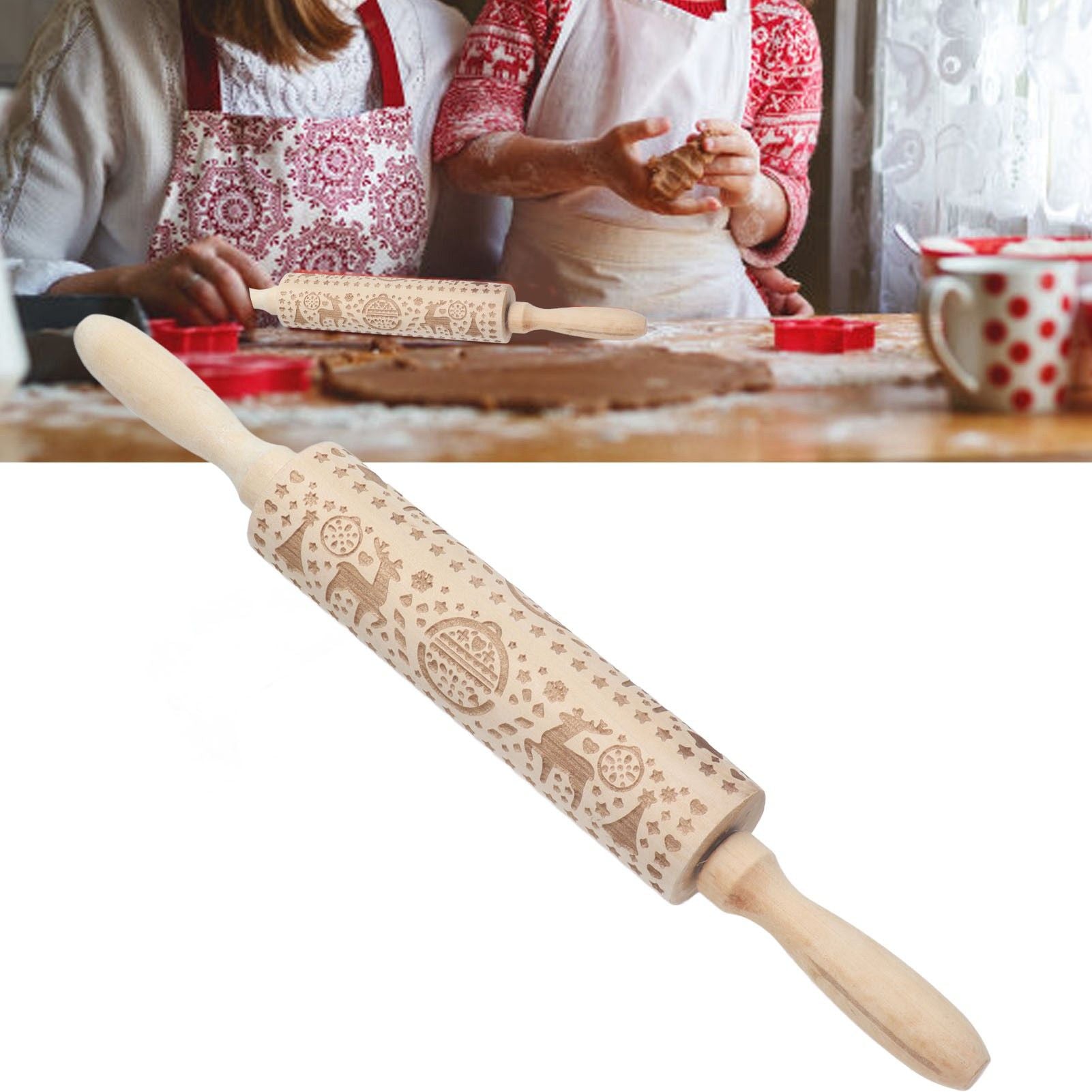 Christmas Rolling Pin Christmas Embrossed Wooden Rolling Pins with Reindeer Pattern for Baking Cookies Kitchen Tool