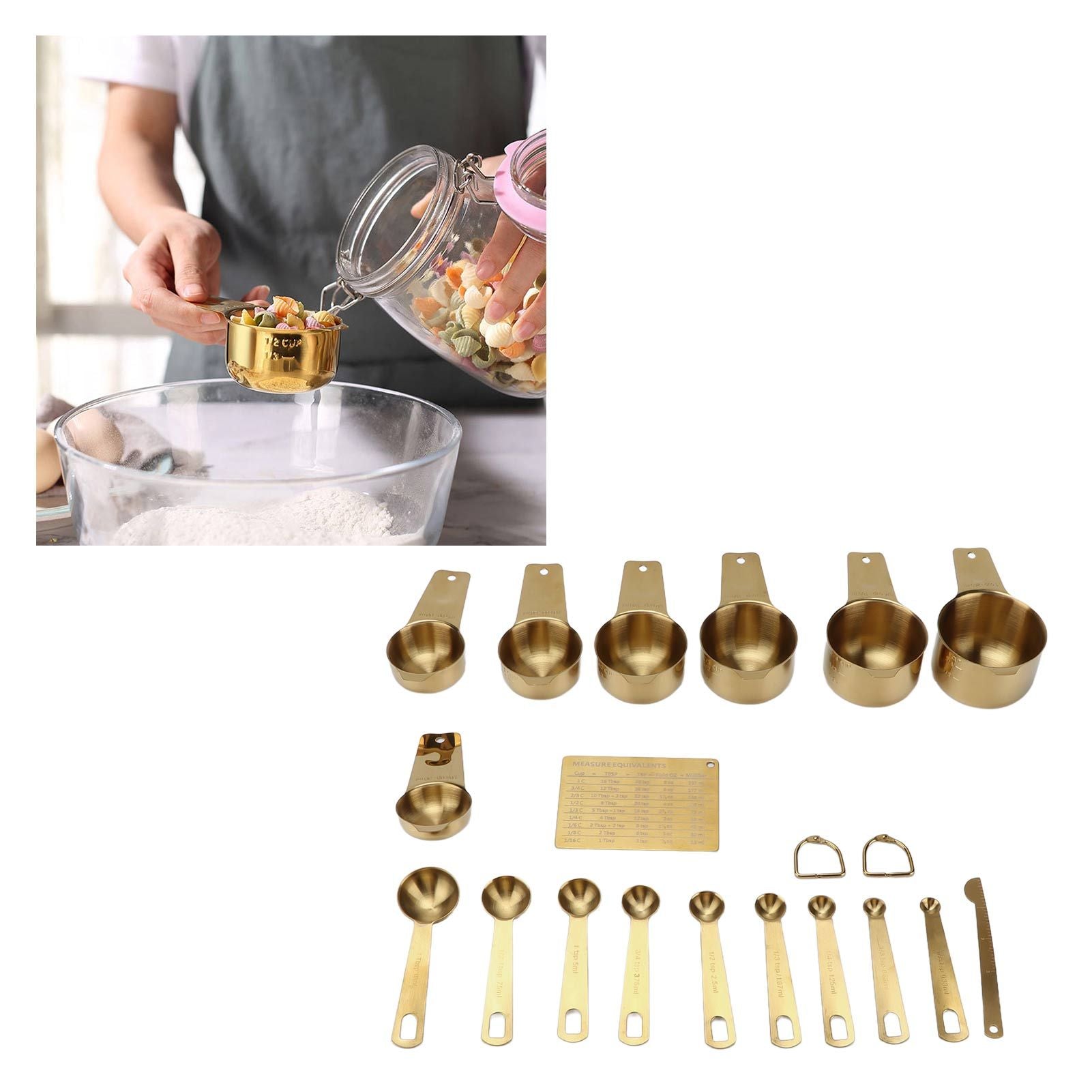 18PCS Measuring Cup Stainless Steel Gold Coffee Spoon Cup Set Baking Scale Measuring Scoop Cup Set