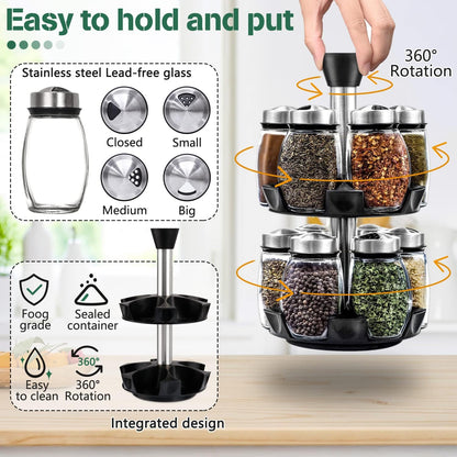 CARLA HOME Rotating Spice Rack Organizer with 12 Glass Jars for Kitchen Seasoning and Herb Storage