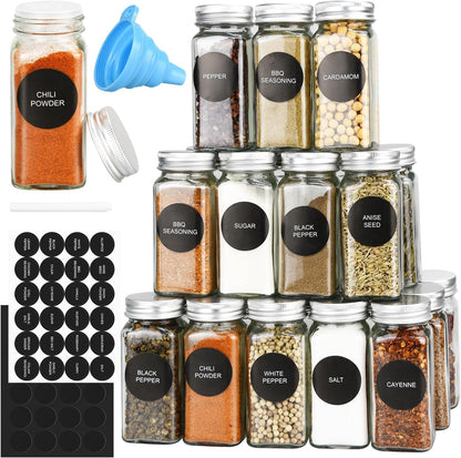 CARLA HOME 24 Glass Spice Jars with Lids, Shaker Tops, 180 Spice Labels, White Pen &amp; Funnel for Kitchen Organization, Spice Rack, Seasoning &amp; Herb Storage