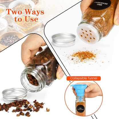 CARLA HOME 24 Glass Spice Jars with Lids, Shaker Tops, 180 Spice Labels, White Pen &amp; Funnel for Kitchen Organization, Spice Rack, Seasoning &amp; Herb Storage