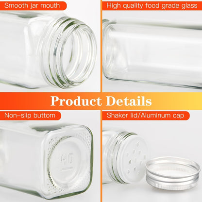 CARLA HOME 24 Glass Spice Jars with Lids, Shaker Tops, 180 Spice Labels, White Pen &amp; Funnel for Kitchen Organization, Spice Rack, Seasoning &amp; Herb Storage