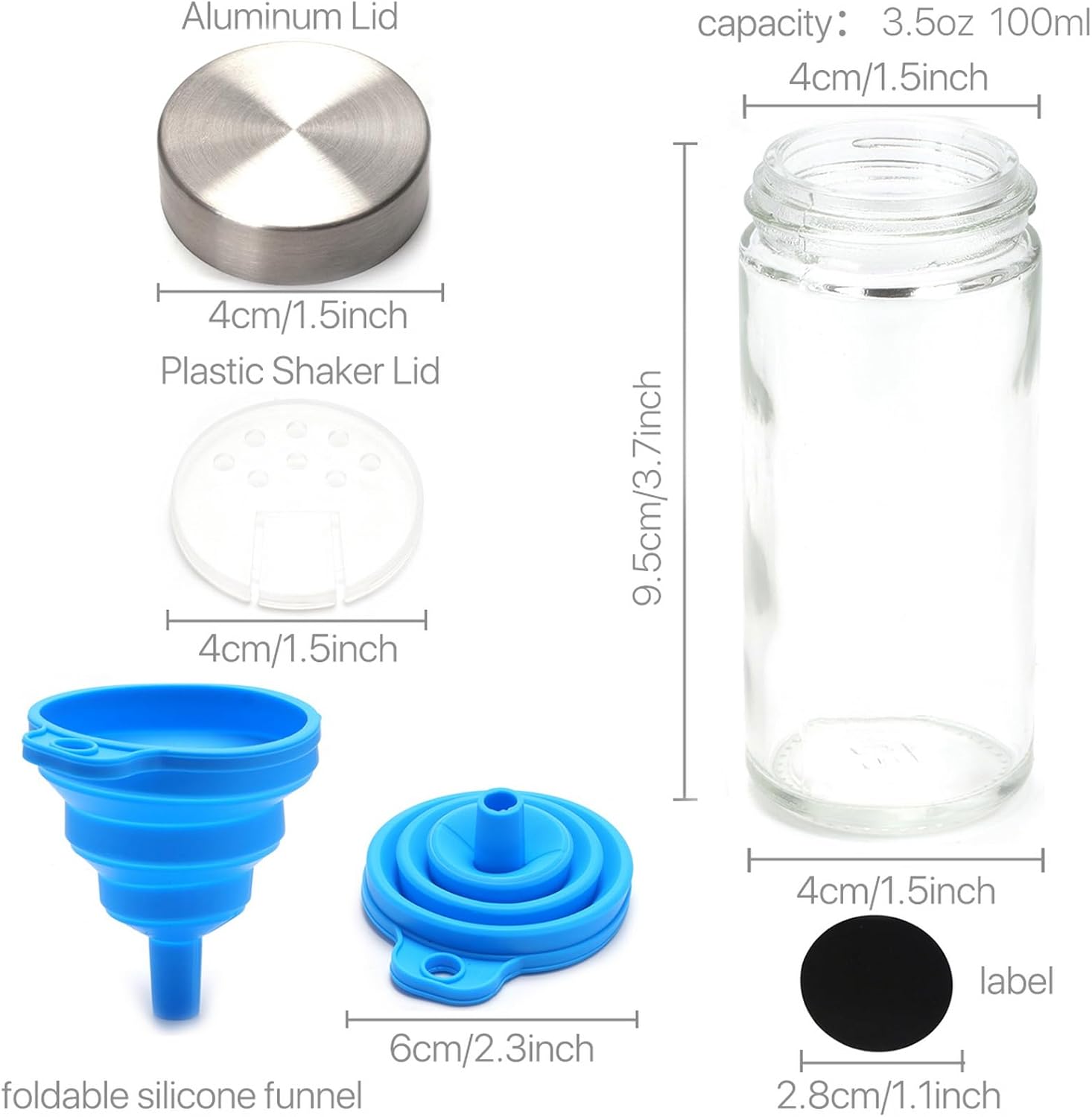 CARLA HOME 24 Glass Spice Jars with Lids, Shaker Tops, 180 Spice Labels, White Pen &amp; Funnel for Kitchen Organization, Spice Rack, Seasoning &amp; Herb Storage
