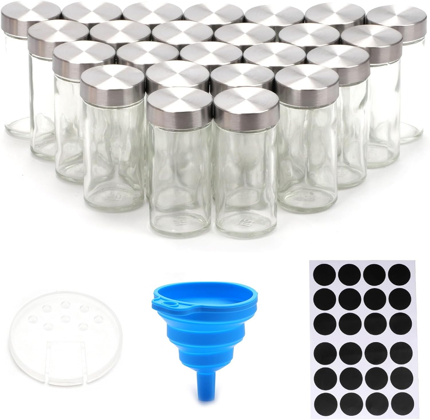 CARLA HOME 24 Glass Spice Jars with Lids, Shaker Tops, 180 Spice Labels, White Pen &amp; Funnel for Kitchen Organization, Spice Rack, Seasoning &amp; Herb Storage