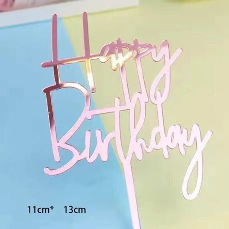 Happy Birthday Acrylic Cake Topper Cake Decoration Golden Silver Party - Pink-Heart