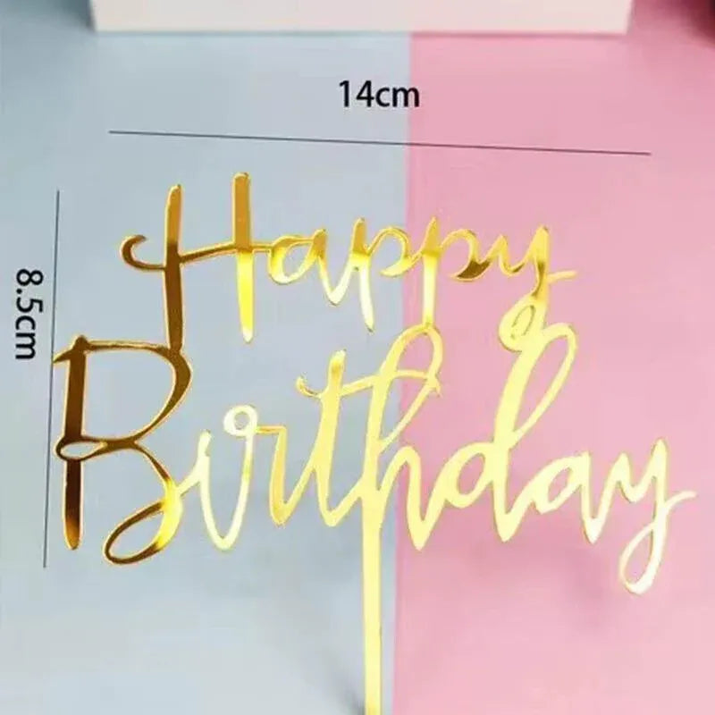 Happy Birthday Acrylic Cake Topper Cake Decoration Golden Silver Party - Gold-Heart