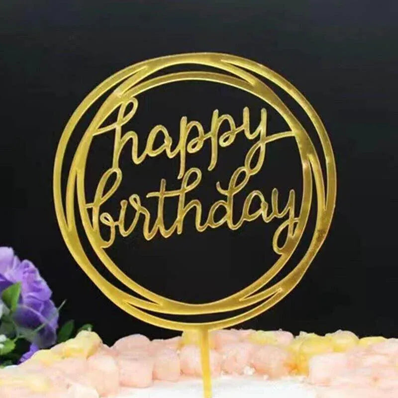 Happy Birthday Acrylic Cake Topper Cake Decoration Golden Silver Party - Gold-Heart