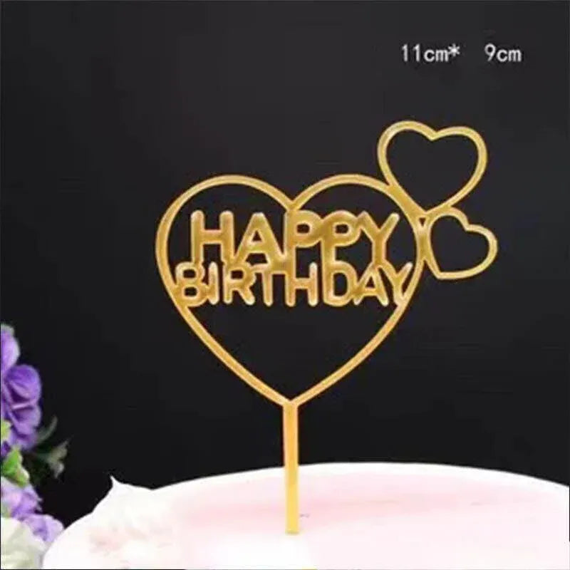 Happy Birthday Acrylic Cake Topper Cake Decoration Golden Silver Party - Gold-Double Heart Birthday