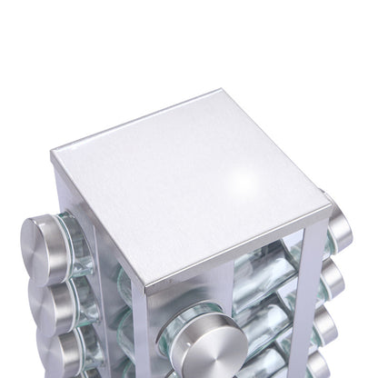 Modern stainless steel square spice revolving rack with 16 (88 ml each) empty glass jars