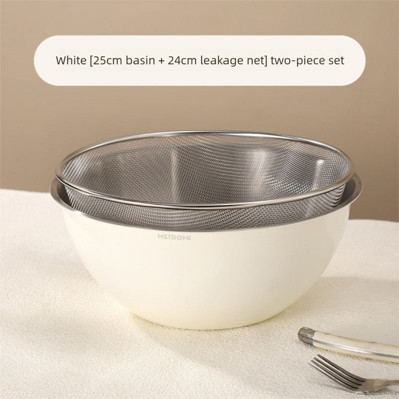 White Stainless Steel Mixing Bowl Set with Colander – Double-Layer Kitchen Basin for Salad, Washing, Mixing &amp; Baking