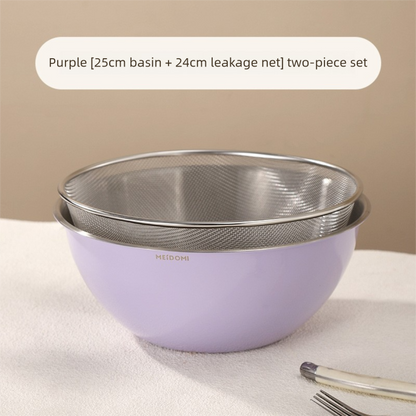 Purple Stainless Steel Mixing Bowl Set with Colander – Double-Layer Kitchen Basin for Salad, Washing, Mixing &amp; Baking