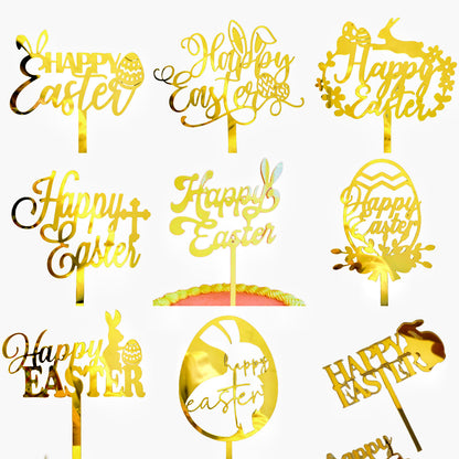 10-Piece Set of Elegant Easter Cake Toppers – Gold Acrylic "Happy Easter" Decorations with Bunny &amp; Egg Designs, Perfect for Party Cakes and Festive Table Settings(Style 3)
