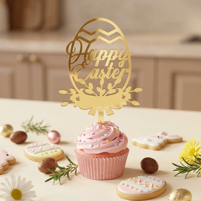 10-Piece Set of Elegant Easter Cake Toppers – Gold Acrylic "Happy Easter" Decorations with Bunny &amp; Egg Designs, Perfect for Party Cakes and Festive Table Settings(Style 8)