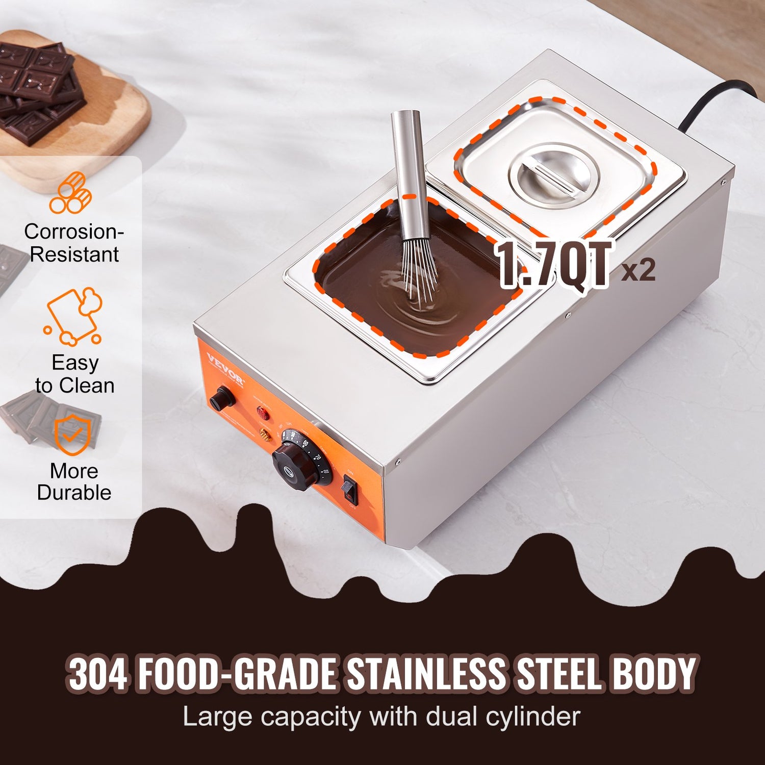 Chocolate Tempering Machine, 2 Tanks Chocolate Melting Pot with TEMP Control, 800W Stainless Steel Electric Commercial Food Warmer For Chocolate/Milk/Cream Melting and Heating