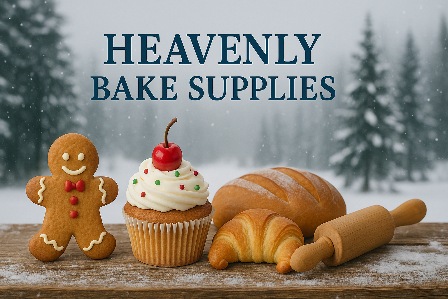 Heavenly Bake Supplies" shows a wooden table dusted with snow, featuring a smiling gingerbread man cookie, a cupcake topped with white frosting, red and green sprinkles, and a cherry, a golden croissant, a round loaf of bread, and a wooden rolling pin. 