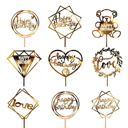 Hot Sales Gold Silver Black Acrylic Hand Writing Happy Birthday Cake Topper Dessert Decoration For Birthday Party Lovely Gifts