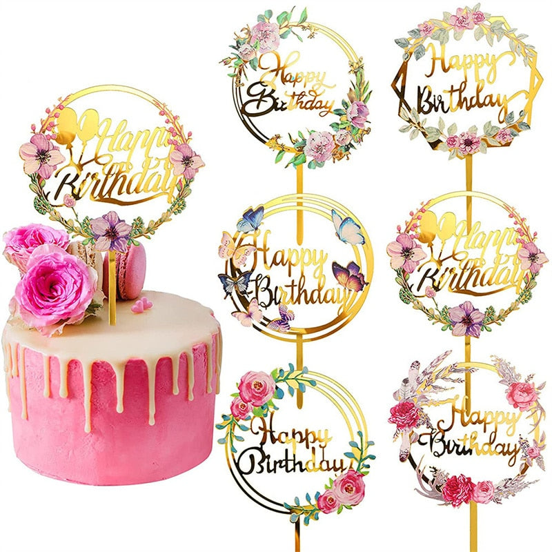 Happy Birthday Cake Topper Gold Acrylic Cake Topper decoration Wedding Party Baking DIY Dessert Cake Decor